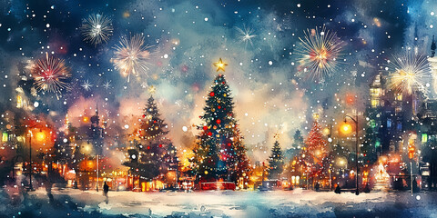 A New Year’s scene with fireworks filling the sky, against a background of glamorous decorations and glittering lights, watercolor, Generative AI