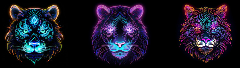 Obraz premium Three tiger faces are shown with neon colors on a black background.