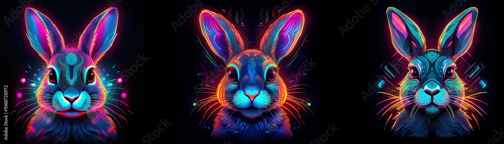Poster three neon bunnies with glowing fur look directly at the viewer.