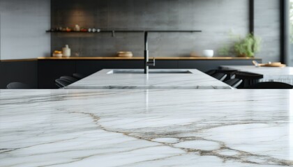 Modern minimalist kitchen with marble countertop and sleek black appliances.