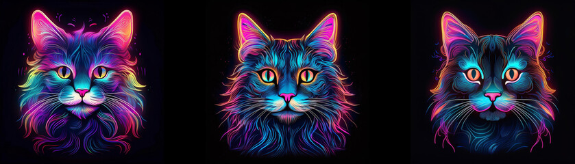 Three cats with neon fur are set against a black background.