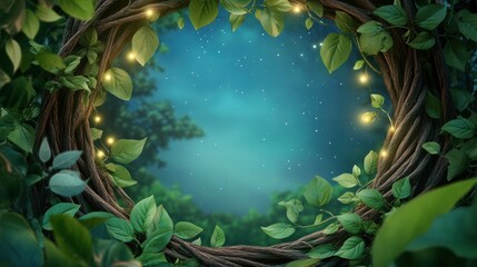 Enchanted forest portal framed by lush leaves and glowing lights under a starry sky, AI