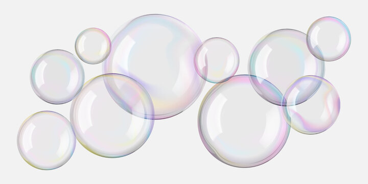 Water bubbles float in white clear background. Soap suds ball with rainbow colors. Realistic clean and clear shampoo foam purified water. Bathroom beads, bath bomb, soapy fun, and laundry poster