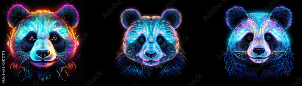 Poster three neon panda bear faces with glowing fur in multiple colors against a dark background.