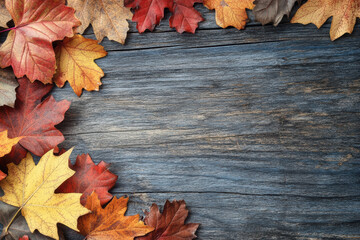 Obraz premium Autumn foliage border on blue wood