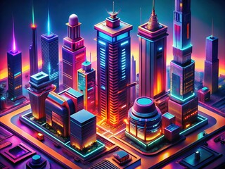 Isometric 3D render: towering sci-fi architecture, aerial perspective, futuristic city.