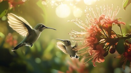 Fototapeta premium Hummingbirds in Flight Near a Flower