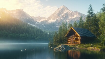 Fototapeta premium Serene Mountain Cabin by Tranquil Lake at Sunrise