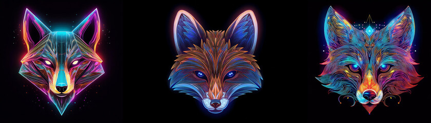 Naklejka premium Three neon fox heads in various colors against a black background.