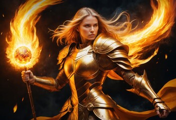 Fototapeta premium A fierce warrior with golden armor and flames wielding a staff during a mystical battle in a dramatic, fantastical setting