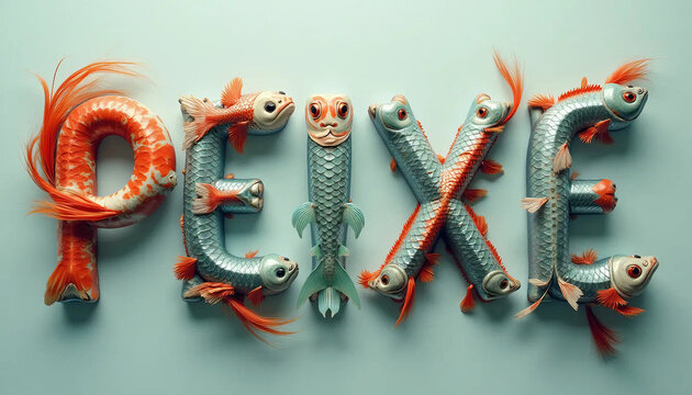 A palavra "PEIXE" &eacute; formada por peixes coloridos e estilizados, com detalhes vibrantes, criando uma composi&ccedil;&atilde;o divertida e visualmente atraente em um fundo suave.

