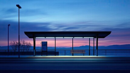 Serene Bus Stop at Dusk with Vibrant Sky