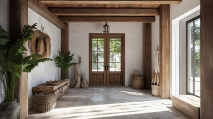 Modern farmhouse-style entrance with exposed wood beams, natural light, and a grand rustic door, embodying luxury and simplicity