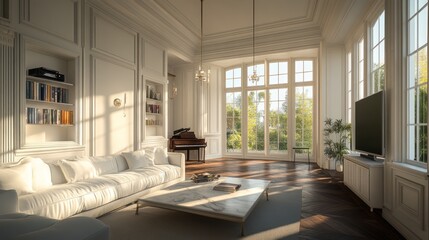 Fototapeta premium Luxurious Living Room with White Sofa, Large Windows, and Wooden Floors