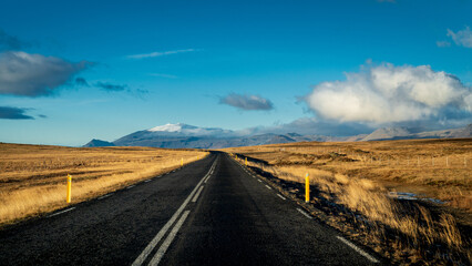 Route ensoleillée à travers les landes d'Islande, une montagne enneigée au loin