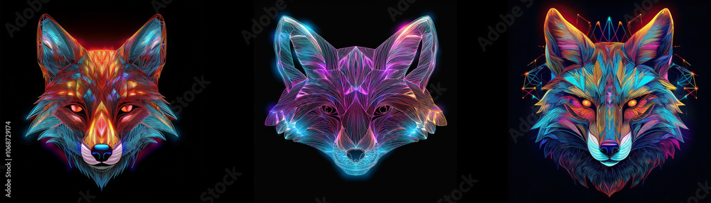 Poster three fox heads are shown, each with a different neon color scheme.