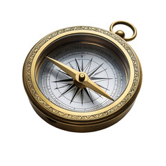 A classic compass with a brass casing, a white face, and a red needle pointing north.