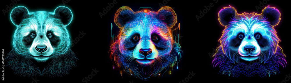 Poster Three neon panda bear faces with different color schemes.