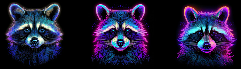 Three raccoons are depicted in a neon-like glow, with each raccoon a different color.