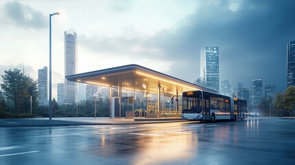 Urban Bus Station with Modern Architecture at Dawn