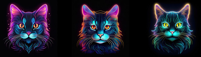 Three cats with colorful neon fur on a black background.
