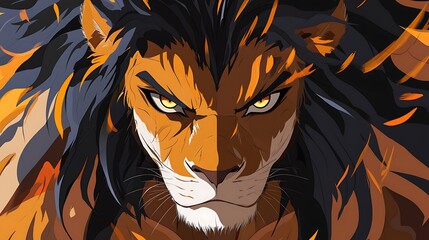 A fierce lion with a mane of fire, looking directly at the viewer with intense eyes.