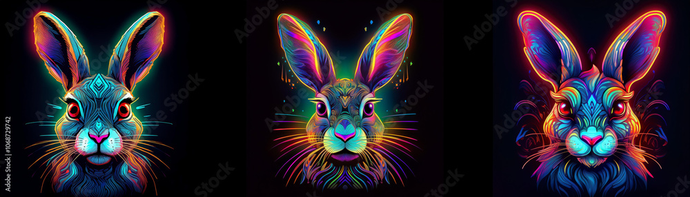 Poster Three colorful rabbits with glowing fur look directly at the viewer.