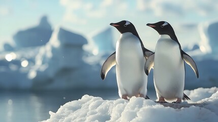 Fototapeta premium Two Penguins Standing on Icy Antarctic Shoreline Gazing at Vast Frozen Landscape