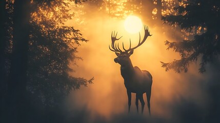 Majestic Elk Silhouette at Sunrise in Misty Forest Symbolizing Strength and Solitude