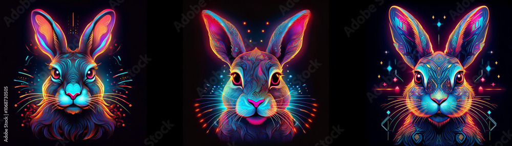Poster three rabbits with vibrant colors are illuminated against a black background.
