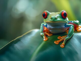 Fototapeta premium Close up Portrait of a Vibrant Red Eyed Tree Frog on a Dewy Green Leaf in the Tropical Rainforest