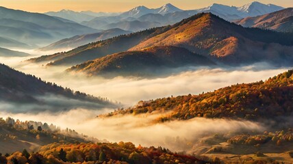Majestic Mountains, Autumn hills, golden light, misty valleys, Sunset V7