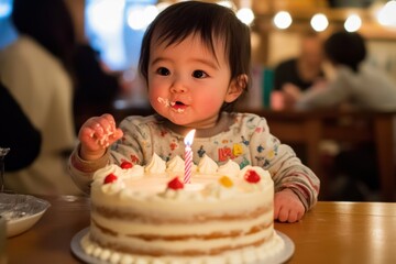 Fototapeta premium curious baby poking finger in she first birthday cake 