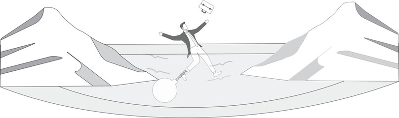 Businessman being trapped with ball and chain at the cliff