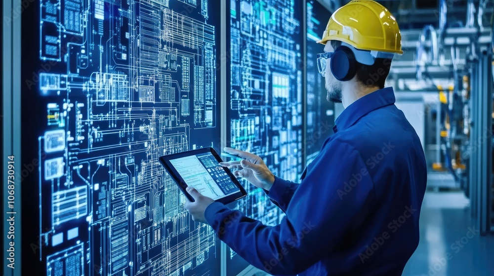 Poster engineer using tablet in high-tech environment