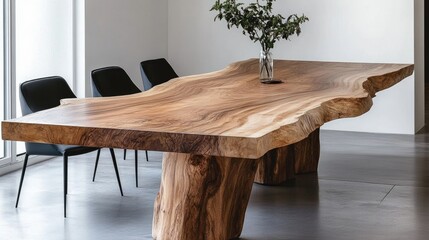 Solid wood live-edge dining table set in a modern, minimalist dining room with white walls and simple, elegant decor