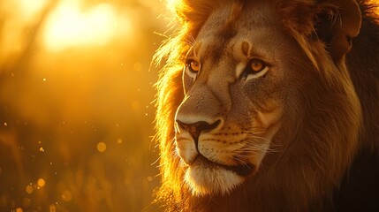 Fototapeta premium Majestic Lion s Face Glowing in Golden Sunlight with Piercing Amber Eyes
