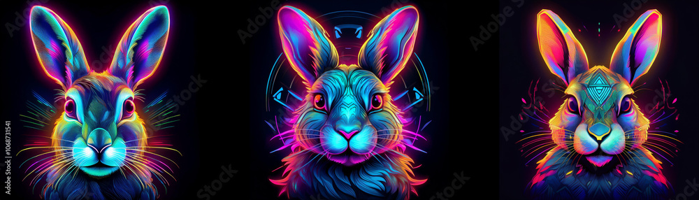 Poster three colorful rabbits with neon-glowing fur are set against a black background.