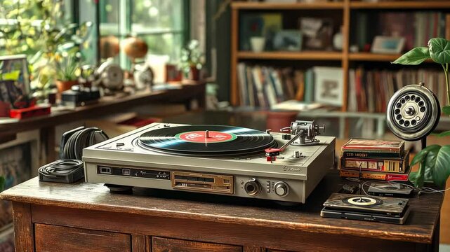 A vintage turntable with vinyl records and audio equipment in a cozy room.