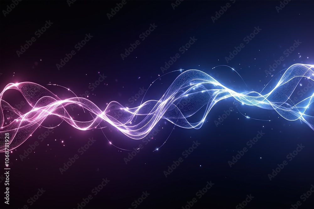 Sticker colorful abstract light waves on dark background with sparkling effects.