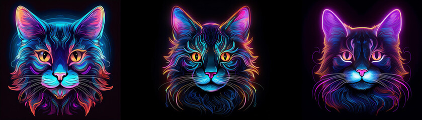 Three glowing cat portraits with vibrant colors and neon accents.
