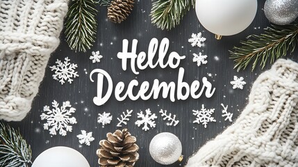 Winter Holiday Decor with Hello December Text and Ornaments