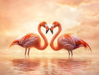 Fototapeta premium Flamingos in Romantic Heart Shaped Pose at Dawn with Reflection