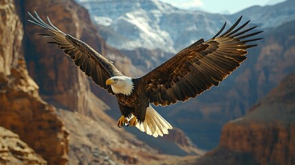Fototapeta premium Majestic Bald Eagle Soaring in Dramatic Mountain Landscape
