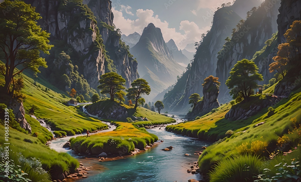 Aufkleber mountain range with a river running through it