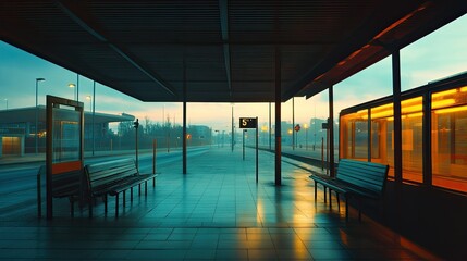 Quiet Train Station at Dusk with Fog and Mysterious Light