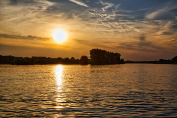 Sunset over the Danube at the Isar estuary near Deggendorf