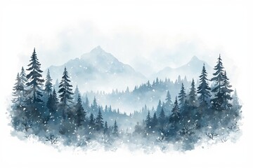 Fototapeta premium Tranquil winter forest landscape with snowy pines and misty mountains in watercolor.