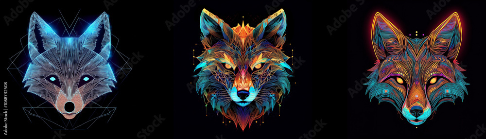 Poster Three fox heads in different colors against a black background with geometric patterns.