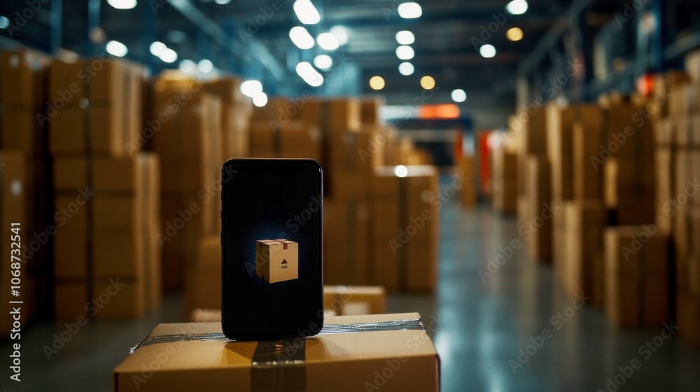 Aufkleber a phone displays a cube in a warehouse filled with stacked boxes, illustrating a blend of technology